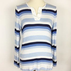 Lea & Nicole Striped V Neck Long Sleeve Shirt Womens Size Small Blue White‎